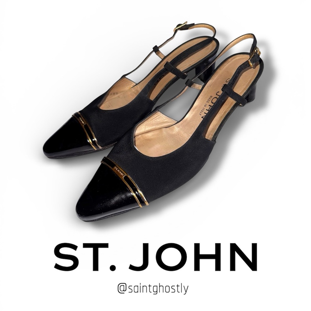 SOLD St. John Black Satin Leather Gold Sling Back Women's Shoes 8.5